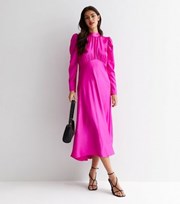 New Look Bright Pink Satin High Neck Long Sleeve Midi Dress